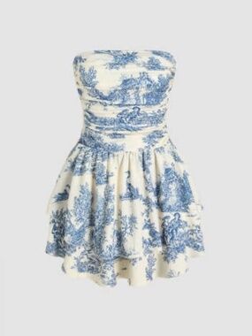 Cider Strapless Toile de Jouy Shirred Ruched Mini Dress Size M/6